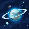 Uran, vector cartoon illustration. Blue Uran planet of Solar system in dark deep blue space, isolated on blue background Royalty Free Stock Photo