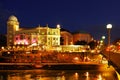 Urania Observatory building at night, seen from Aspern bridge in Viena.