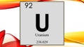 Uranium chemical element symbol on wide colored background