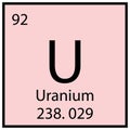Uranium icon. Chemical sign. Mendeleev table. Square frame. Light pink background. Vector illustration. Stock image. Royalty Free Stock Photo