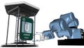 Uranium symbol in square shape with metallic edge in front of a mechanical arm that will hold a chemical container. 3D render.