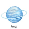 Uranus Planet of the Solar System watercolor isolated illustration on white background. Outer Space planet hand drawn