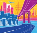 Colorful Infrastructure illustration. Hydroelectric power plant. Outline color city. Car overpass. Town Infrastructure and industr