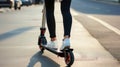 Urban Adventure. Unknown Girl\'s With White Sneakers on an Electric Scooter. Generative AI