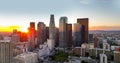 Urban aerial view of downtown Los Angeles. Panoramic city skyscrapers, downtown cityscape skyline at sunset.