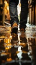 Urban aftermath Wet feet standing in a puddle post heavy rain