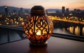 Urban ambiance captured in a glowing oval lantern against the city lights, eid and ramadan images