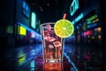 Urban ambiance uplifted by neon lemonade icon, a beacon of thirst-quenching allure.