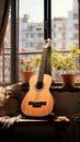 In an urban apartment, a classical guitar adds timeless charm to modernity. Royalty Free Stock Photo