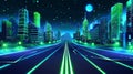 Urban architecture, megalopolis infrastructure in darkness, cartoon modern illustration of a night city street with