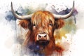 Urban art design. Illustration of a highland cow. Creativity in graffiti style painted on walls.