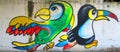 Urban art. macaw and toucan