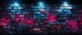 Urban artistry meets rustic charm in this abstract neon pink and blue painted colored damaged brick wall, Ai Generated