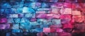 Urban artistry meets rustic charm in this abstract neon pink and blue painted colored damaged brick wall, Ai Generated