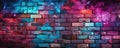 Urban artistry meets rustic charm in this abstract neon pink and blue painted colored damaged brick wall, Ai Generated