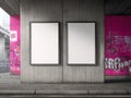 Urban Artspace Featuring Two Blank Frames Against a Vibrant Pink Graffiti Wall and Concrete Structure in a City Setting Royalty Free Stock Photo