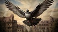 Urban Aviator: Illustrated Pigeon Takes Flight in the Cityscape