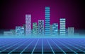 Urban background: futuristic hi-tech city in neon glow. Synthwave, retrowave, abstract metropolis and primitive