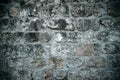 Urban background, grey ruined ancient brick wall. Antique brick structure. Part of age-old building. Old times. History and
