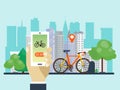 Urban bike renting system by using the phone app vector illustration. Smart service for rent bikes in the city.