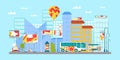 Urban billboard banner at street, vector illustration. Blank commercial at outdoor city building, marketing business at