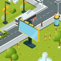 Urban billboards isometric. Town with blank places for advertizing on boards led panels light boxes vector street Royalty Free Stock Photo