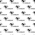 Urban birds. Hand lettering. Seamless pattern.Flat cartoon character design