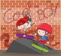 Urban Boy Skateboarding Brick Background