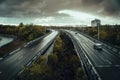 Urban bridge roads with traffic in gloomy rainy weather, dark toned