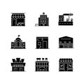 Urban building exteriors black glyph icons set on white space Royalty Free Stock Photo