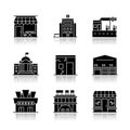 Urban building exteriors drop shadow black glyph icons set Royalty Free Stock Photo