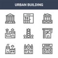 9 urban building icons pack. trendy urban building icons on white background. thin outline line icons such as post, under Royalty Free Stock Photo