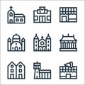 urban building line icons. linear set. quality vector line set such as pizzeria, airport, chalet, temple, cathedral, synagogue,