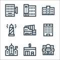 urban building line icons. linear set. quality vector line set such as cinema, bank, town hall, business center, mall, lighthouse Royalty Free Stock Photo