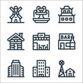 Urban building line icons. linear set. quality vector line set such as farm, condo, office building, bar, restaurant, cabin, china