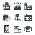 Urban building line icons. linear set. quality vector line set such as kiosk, observatory, block, veterinary, coffee shop, post