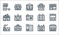 Urban building line icons. linear set. quality vector line set such as train station, hotel, factory, cathedral, pub, pizzeria, Royalty Free Stock Photo