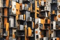 urban building with a striking orange and grey geometric facade, windows and balconies Royalty Free Stock Photo