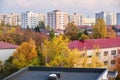 Urban buildings in Autumn with renovated exteriors - aerial view in Bucharest city, Romania