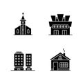 Urban buildings black glyph icons set on white space