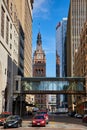 Urban Bustle with Historic Clock Tower and Modern Skywalk, Milwaukee Royalty Free Stock Photo