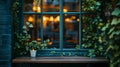 Urban caf window with reflections and green vines . Royalty Free Stock Photo