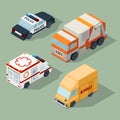 Urban cars isometric. Garbage truck mail van police and ambulance vector city traffic 3d illustrations