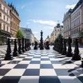 Urban Chess Showdown: Giant Chess Board with Black Pieces on City Streets