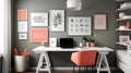 Urban Chic Studio Retreat: Ergonomic Workspace in Dove Gray, Olive Green, and Coral Pink Palette for Inspired Living