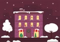 Urban Christmas house, city downtown with winter view street. Background for animation advertising real estate or