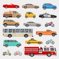 Urban, city cars and vehicles transport vector flat icons set Royalty Free Stock Photo