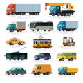 Urban, city cars and vehicles transport vector flat icons set. Royalty Free Stock Photo