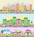 Urban city landscape vector cityscape with buildings and houses in the street of town downcity illustration