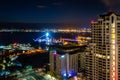 Nighttime city lights near the USS Midway on San Diego Bay in Southern California